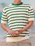 Men's Vacation Stripe Round Neck Knitted Short Sleeve Sweater Shirt