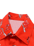 Crane Print Button Up Red Shirt for Men