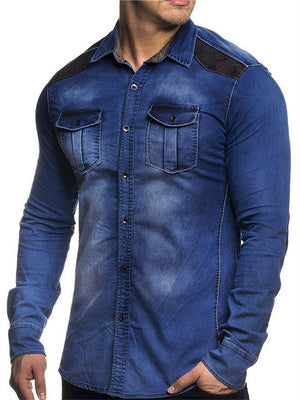 Men's Colour Block Faux Suede Denim Long Sleeve Shirt