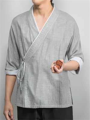 Cotton Linen Half Sleeve Lace-up Shirts