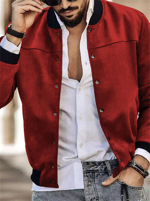 Men's Faux Suede Stand Collar Baseball Jacket