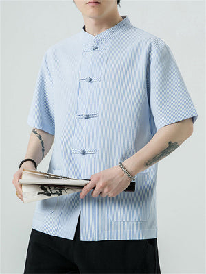 Men's Chinese Style Stand Collar Knot Button Summer Striped Shirt