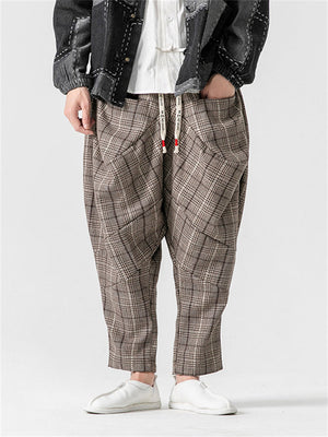 Winter Vintage Checked Baggy Pleated Woolen Pants for Men