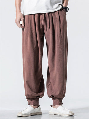 Solid Color Linen Ankle-Banded Pants