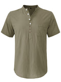 Men's Hawaiian Casual Stand Collar Short Sleeve Cotton Linen Shirt