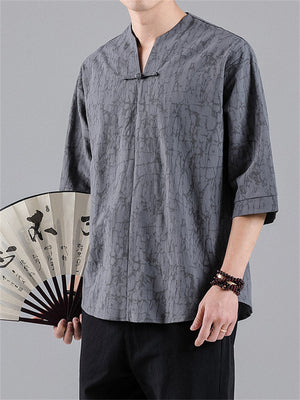 Vintage Small V-Neck Men's Jacquard Short Sleeve Shirt