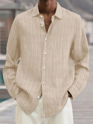 Men's Long Sleeved Button Up Stripes Texture Cotton Linen Shirts