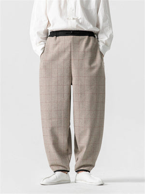 Men's Autumn Winter Color Contrast Plaid Wool Blend Pants