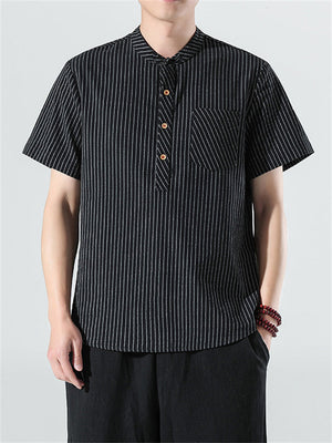 Men's Cotton Linen Striped Short Sleeve Shirts