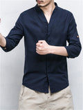 Men's V neck Cotton Linen Solid Color Shirts