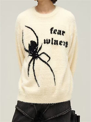 Men's Spider Graphic Fluffy Round Neck Knit Sweater