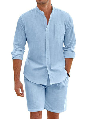 Holiday Simple Cozy Long Sleeve Shirt + Casual Shorts for Men