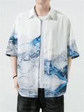 Chinese Landscape Ink Painting Vintage Shirt for Men