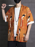 Men's Tang Dynasty Vintage Print Orange Lace Up Shirt