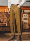 Vintage Mid-Rise Solid Color Tapered Pants for Men