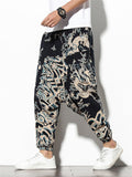 Chinese Style Fan & Dragon Print Harem Pants