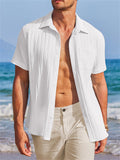 Men's Summer Stripe Textured Lapel Short Sleeve Shirt