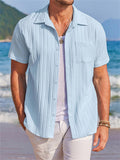 Men's Summer Stripe Textured Lapel Short Sleeve Shirt