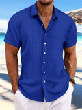 Men's Striped Texture Cotton Linen Short Sleeve Shirt