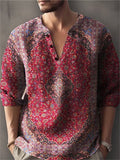 Men's Vintage Flower Print V Neck Oversize Long Sleeve Shirt