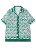 Men's Vintage Printed Lapel Short Sleeve Chest Pocket Green Shirt