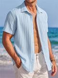 Men's Summer Stripe Textured Lapel Short Sleeve Shirt