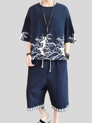 Cotton Linen Short Sleeve Printed Male Outfits