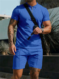 Male Fashion Pure Color Waffle Short Sleeve T-shirt Shorts Suits