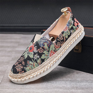 Vintage Floral Leaf Print Slip-On Flat Canvas Shoes for Men