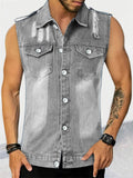 Lapel Button Up Chest Pocket Retro Denim Sleeveless Shirt for Men