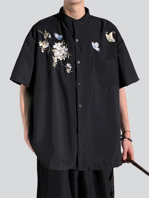 Men's Chinese Style Flying Butterfly Pear Flower Embroideried Shirt