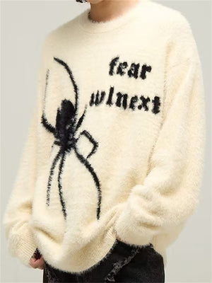 Men's Spider Graphic Fluffy Round Neck Knit Sweater