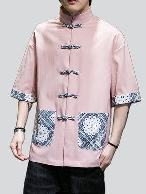 Men's Ethnic Printed Patch Pocket Half Sleeve Tang Suit Shirt