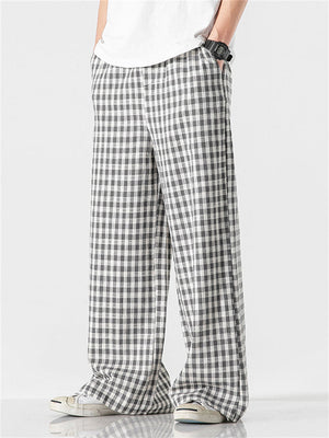 Asian High Street Style Plaid Cotton Linen Wide Leg Pants for Men