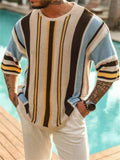 Men's Contrast Color Striped Crew Neck Half Sleeve Knitted Sweater