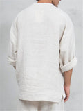 Loose Fit Notched Neckline Soft Linen Long Sleeve Solid Color Pullover Shirt