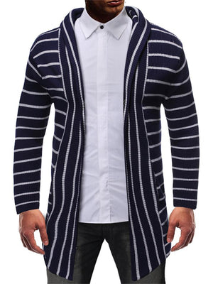 Men's Color-Block Knit Striped Mid-Length Hooded Cardigan Sweater