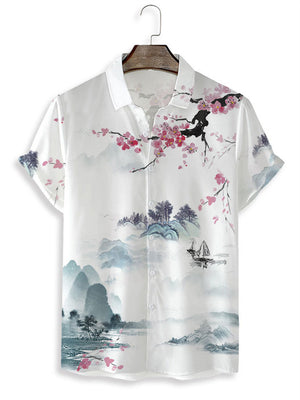 Men’s Landscape Painting Lapel Button Down Shirts for Summer