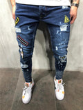 Mens Hip-Hop Ripped Badge Skinny Denim Pants