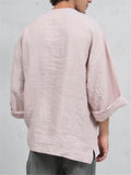 Loose Fit Notched Neckline Soft Linen Long Sleeve Solid Color Pullover Shirt