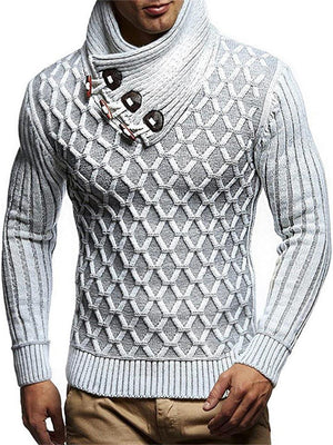 Men's Personalized Diamond Pattern Button Turtleneck Knit Pullover Sweater