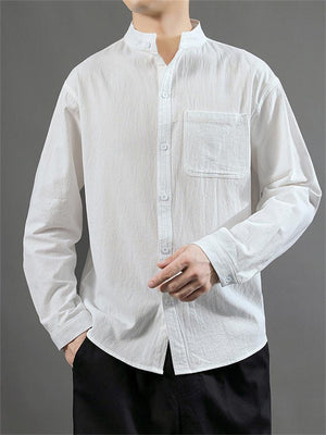 Decent Long-Sleeved Stand-Collar Solid Color Shirt With Pockets