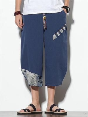 Mens Loose Casual Linen Print Cropped Trousers