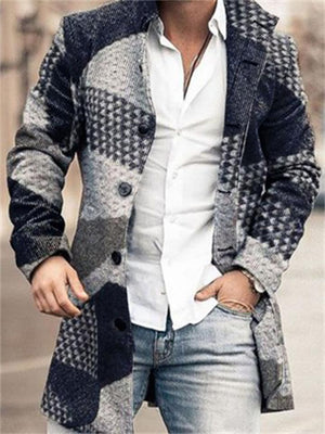 Men's Fashion Contrast Design Woolen Stand Collar Mid-Length Casual Coat With Pockets