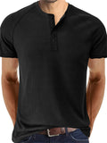 Relaxed Crew Neck Button Up Pure Color T-shirt for Men