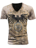 Casual Retro-Look Eagle Print V Neck Slim Fit Short Sleeve T-Shirt