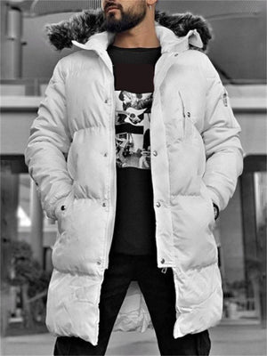 Men's Knee-Length Parka Padded Coat With Fur Hood