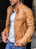 Men's Stand Collar Motorcycle Biker Leather Jacket