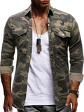 Men's Green Camouflage Long Sleeve Lapel Tough Guy Denim Shirt