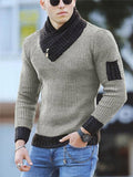 Men’s Slim Fit Stretchy Scarf Collar Ribbed Striped Pullover Warm Sweater